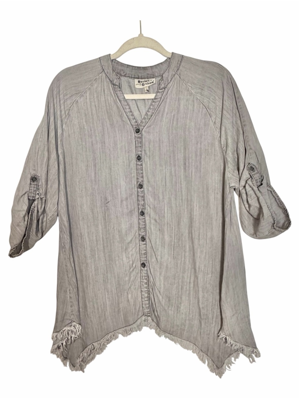 Hester Orchard Gray Tunic Tencel Top Frayed Asymmetrical Hem Split V Button Sz L